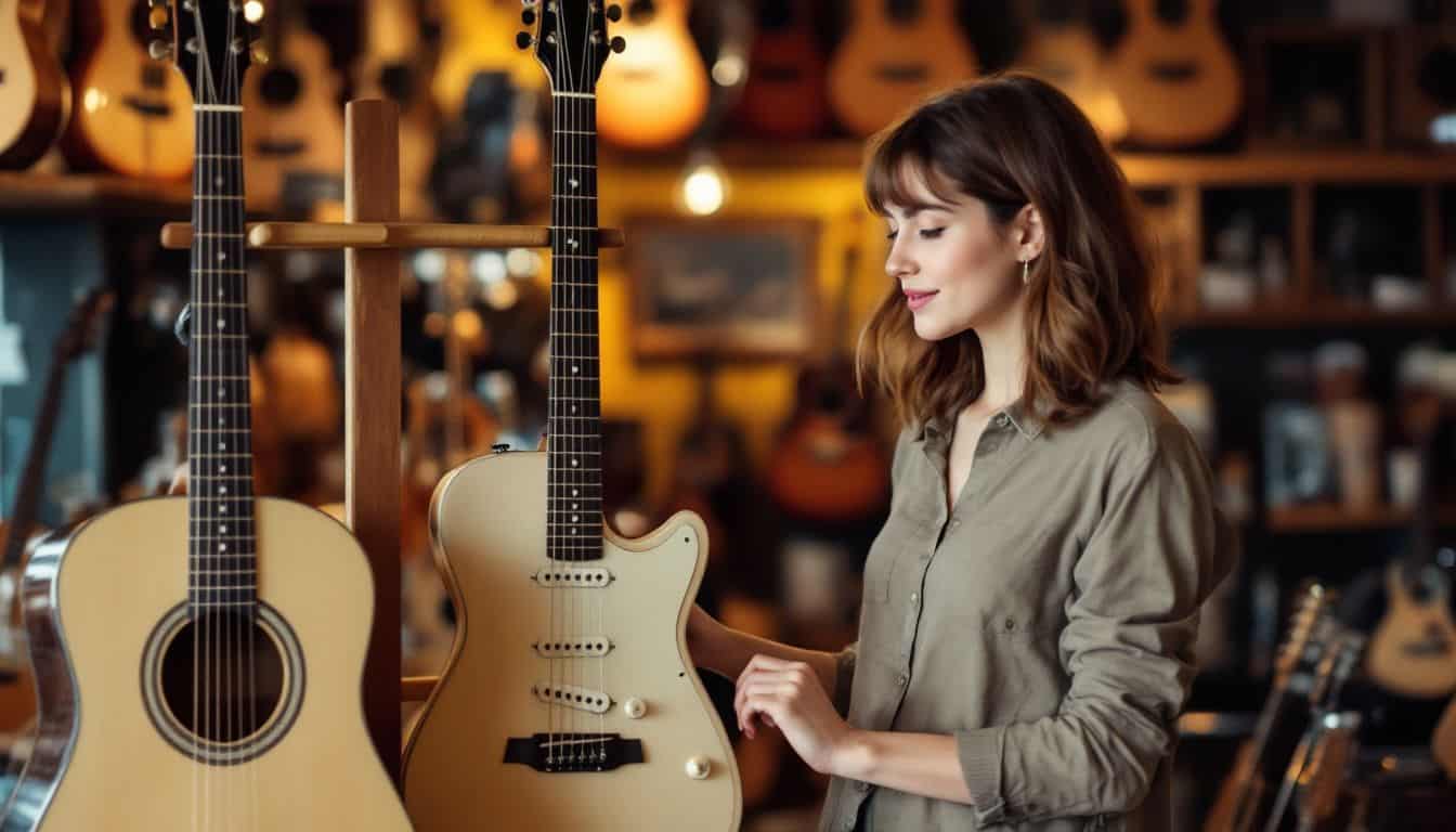 A young woman in a music store choosing between acoustic and electric guitars.