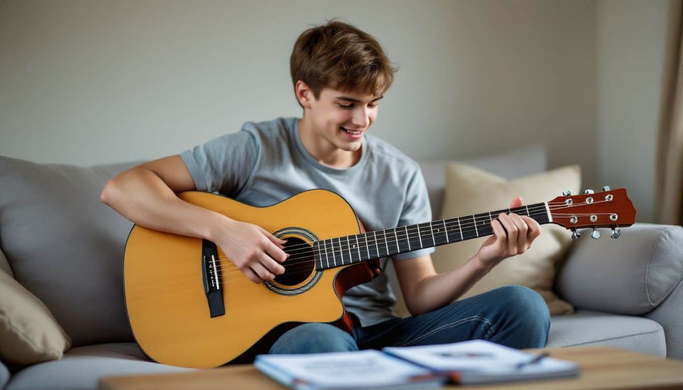 A teenage boy sits on a couch playing a beginner guitar.