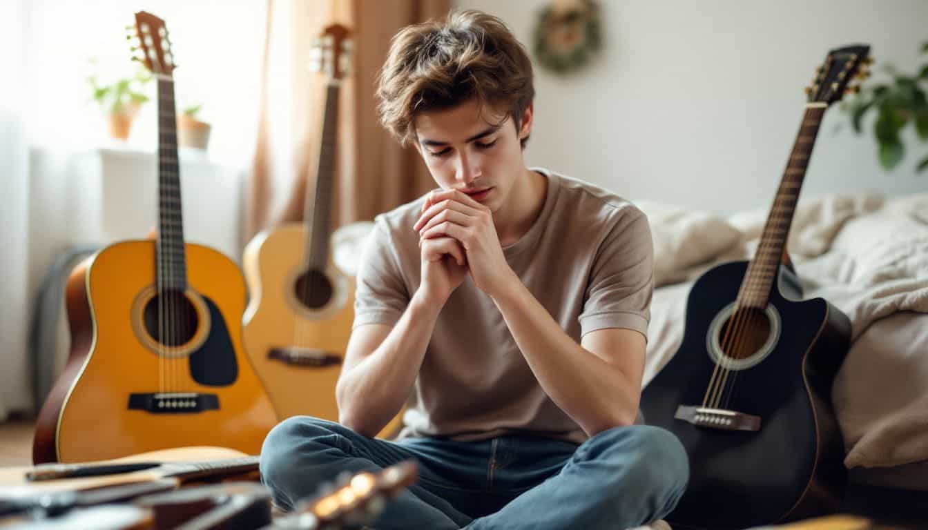 A teenager surrounded by guitars, choosing the perfect one for them.