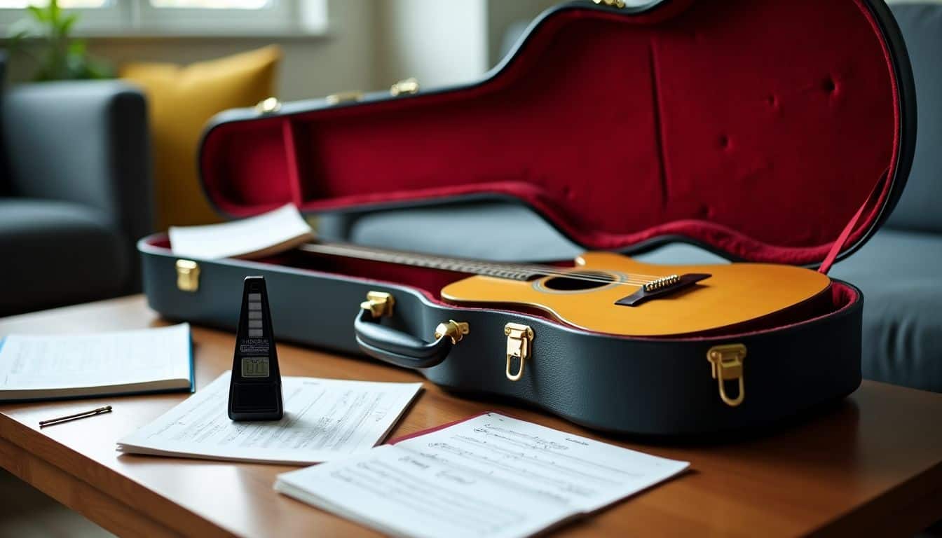 An open guitar case filled with music books, sheet music, metronome, and tuner.