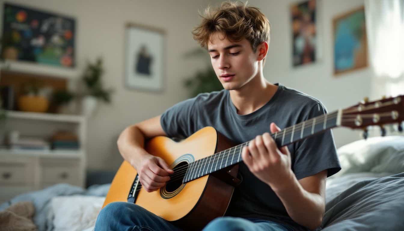 A teenage male practices guitar chords in a cozy bedroom setting.