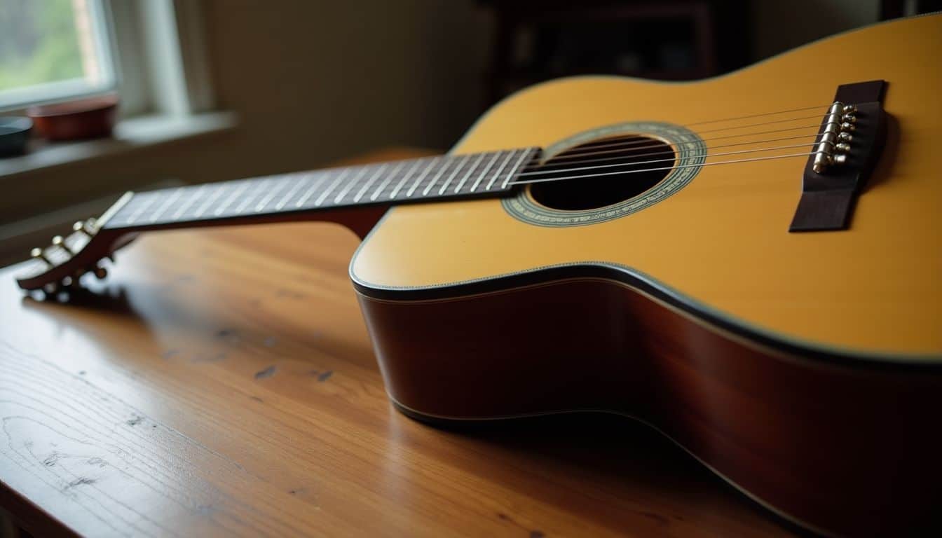 An acoustic guitar resting on a wooden table.