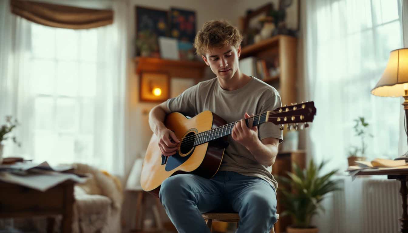 A young man practices guitar in a cozy, softly lit room.