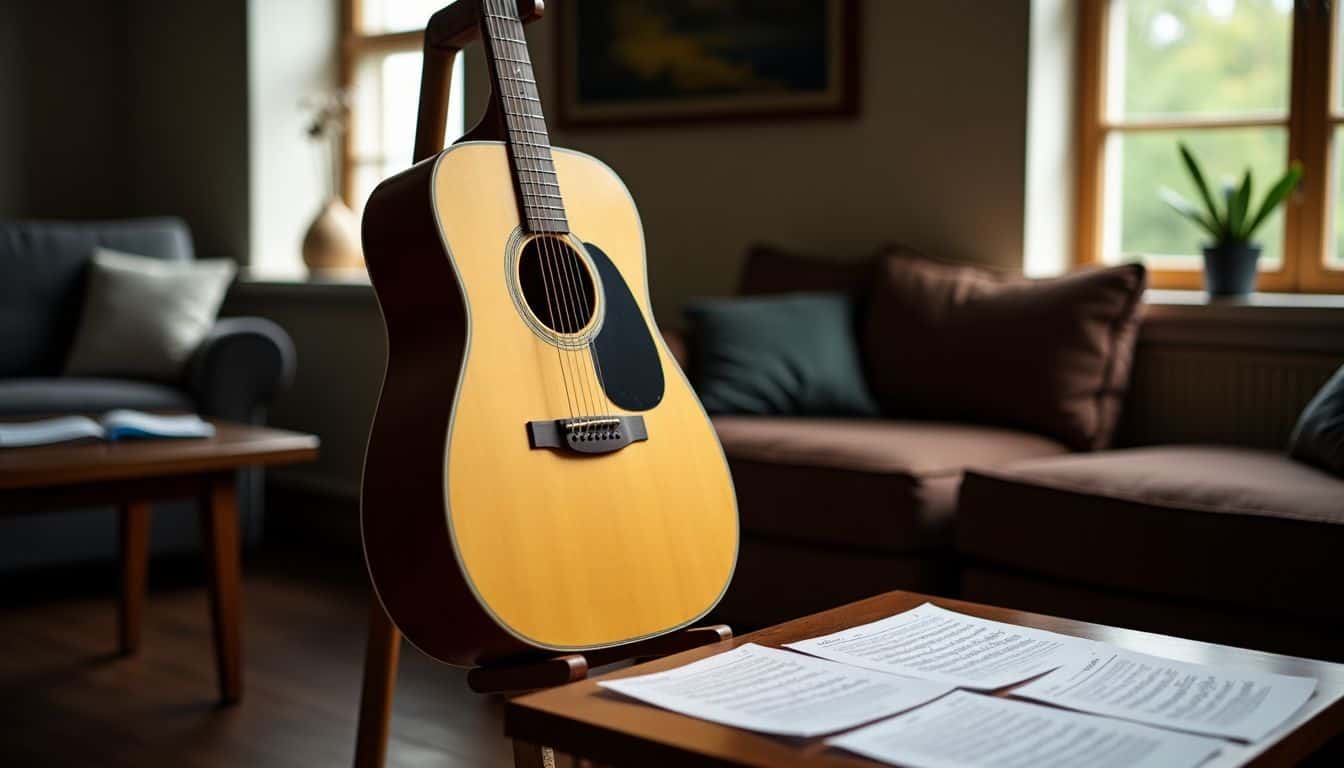 A well-worn acoustic guitar on a wooden stand in a cozy room.