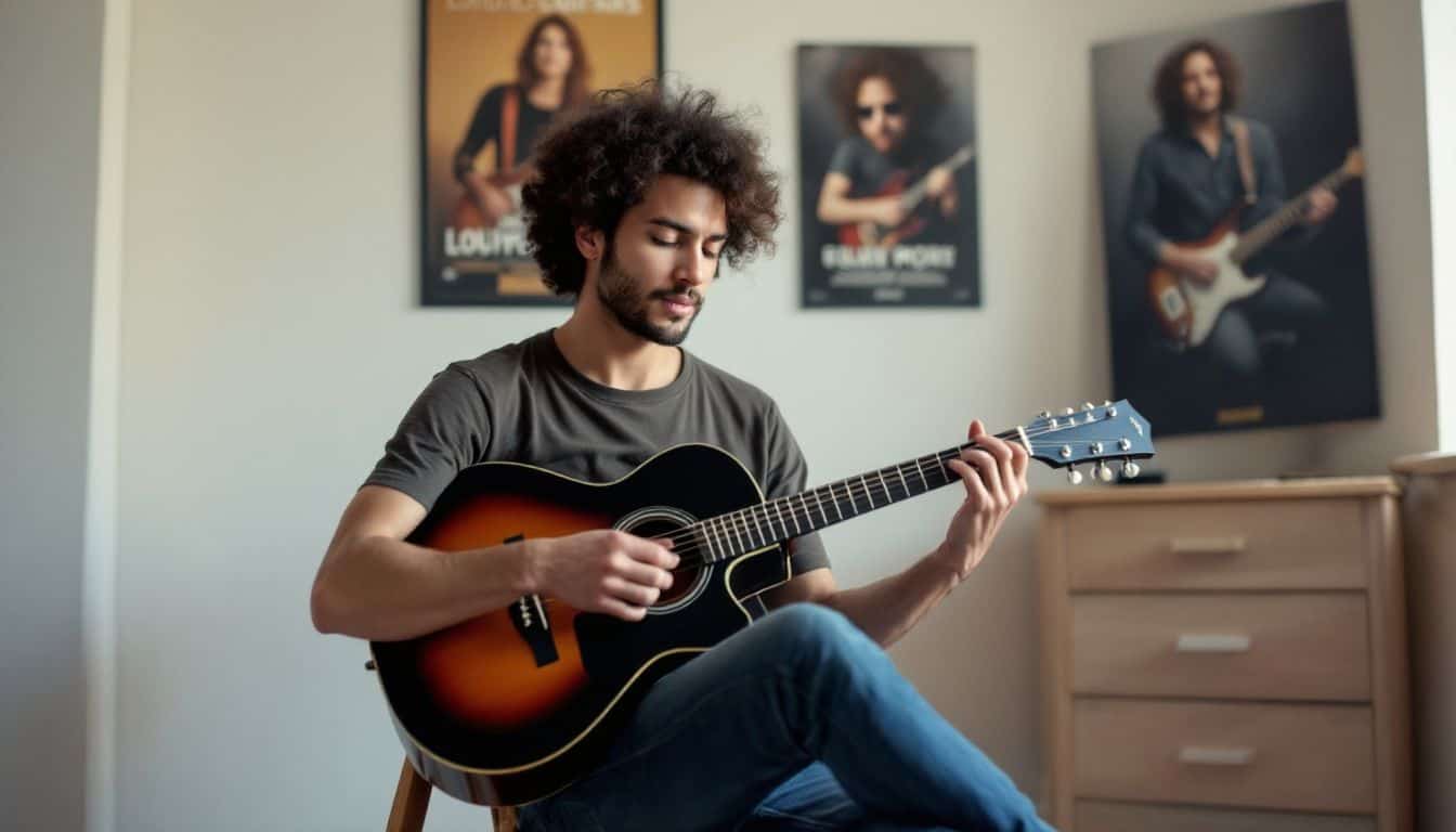 A 25-year-old person sits on a chair, examining a guitar.