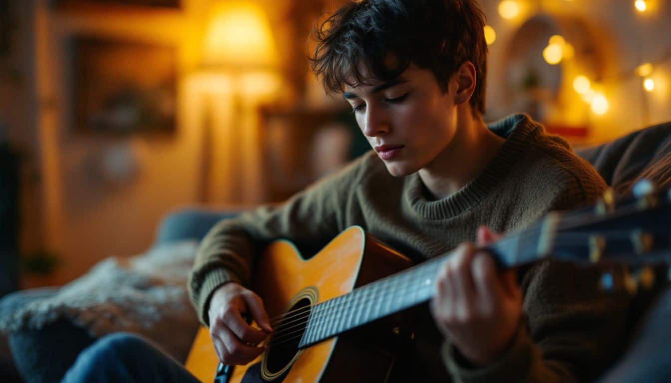 A young adult in a cozy room plays guitar with focus.