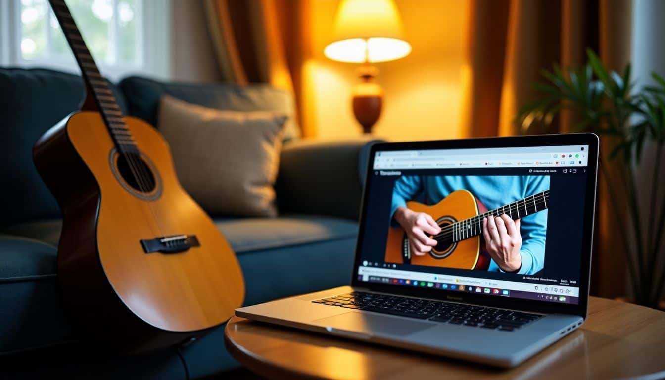 A well-used acoustic guitar leans against a cozy couch with a laptop showing a guitar tutorial nearby.