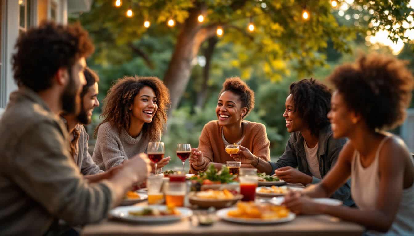 A community gathering for a food blog in a cozy backyard.