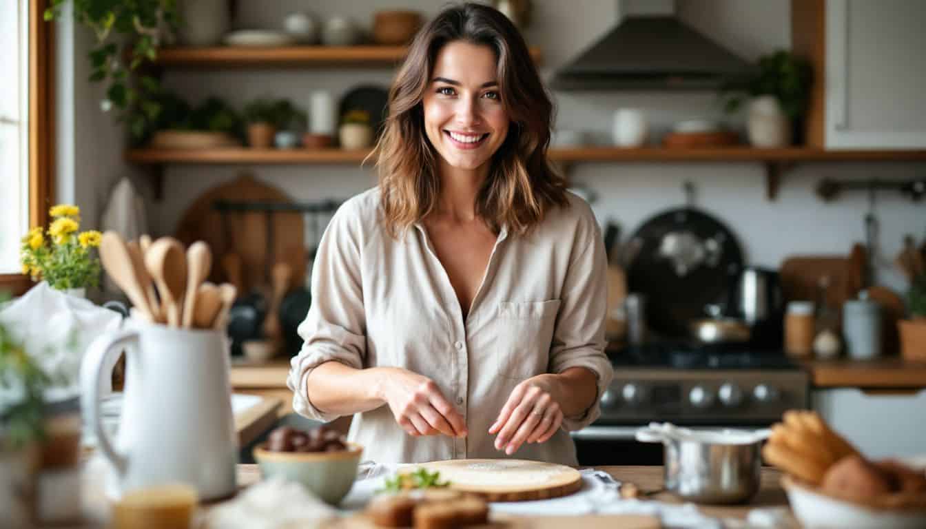 A woman in her 30s prepares gluten-free baking recipes in her cozy kitchen.