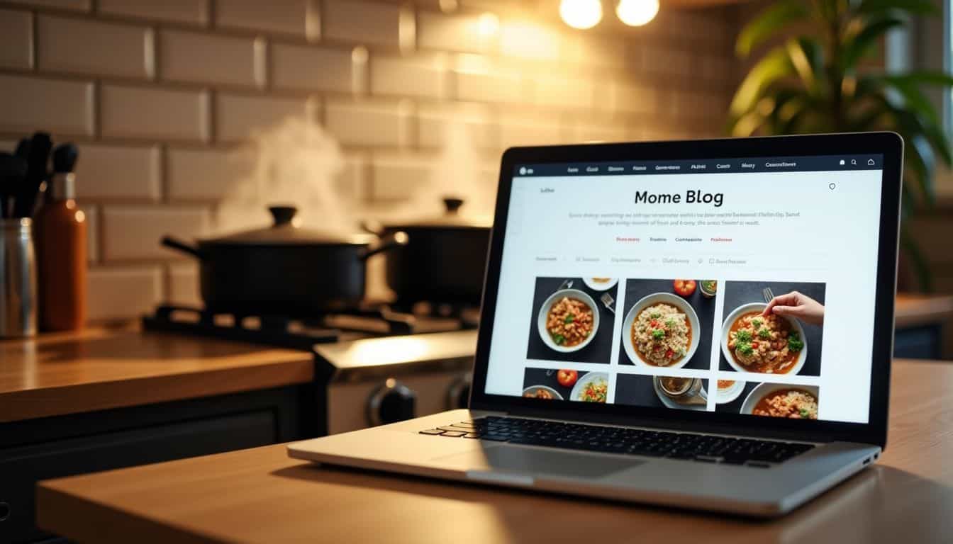 A laptop displays a food blog homepage in a cozy kitchen.