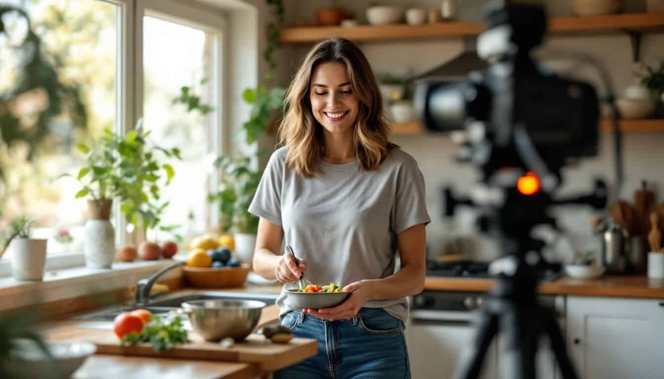 A woman in her 30s films a cooking video in her cozy kitchen.