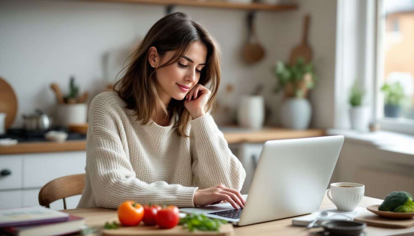 A woman in her 30s sits at a kitchen table working on her food blog.