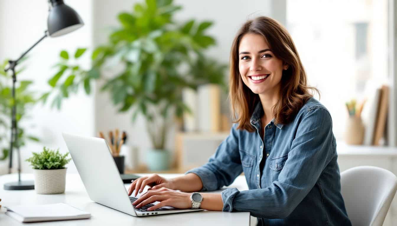 A woman in her 30s works on blog design in home office.