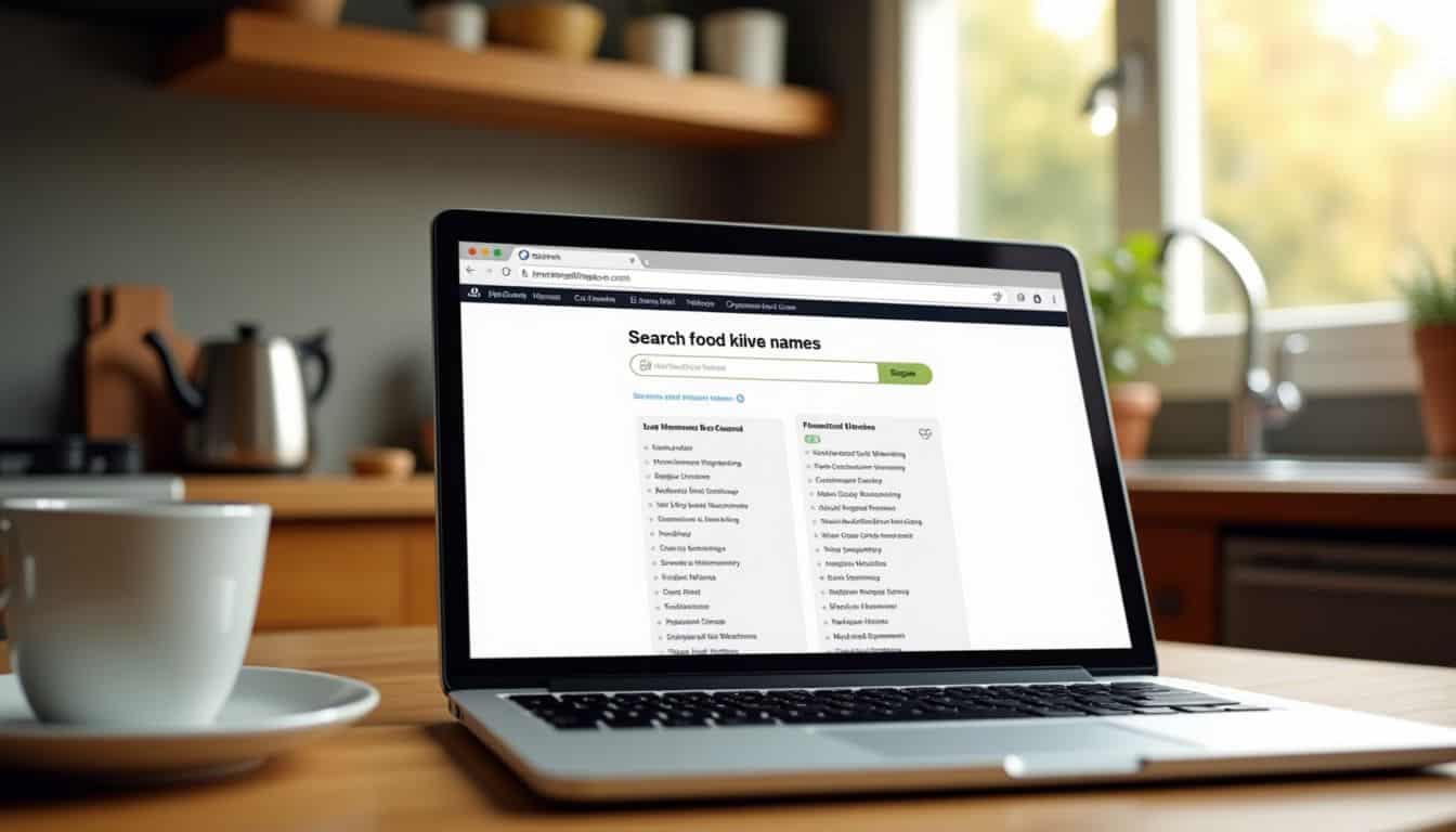 An open laptop in a cozy kitchen displays a food-related domain name search.