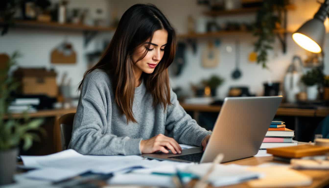 A woman is working on her laptop at a cluttered desk.