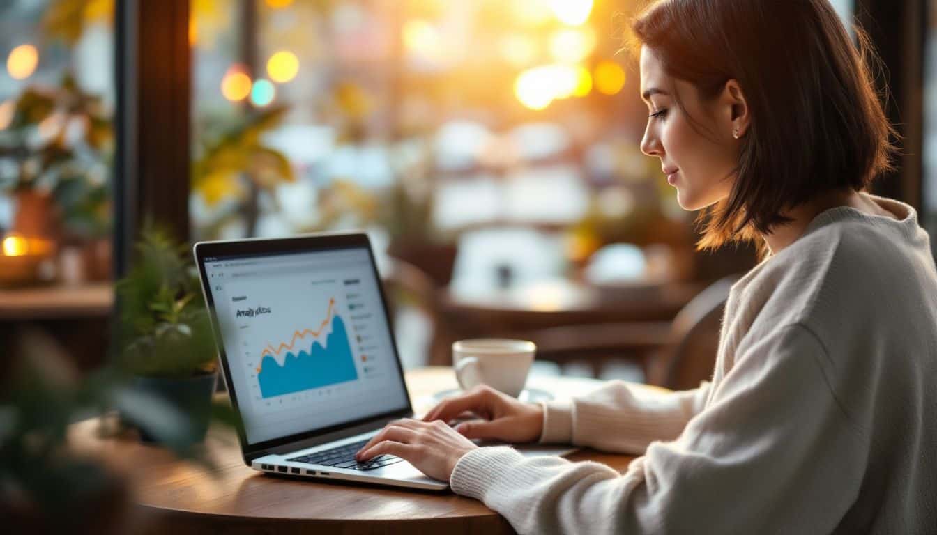 A young woman studies Google Analytics at a cozy coffee shop.