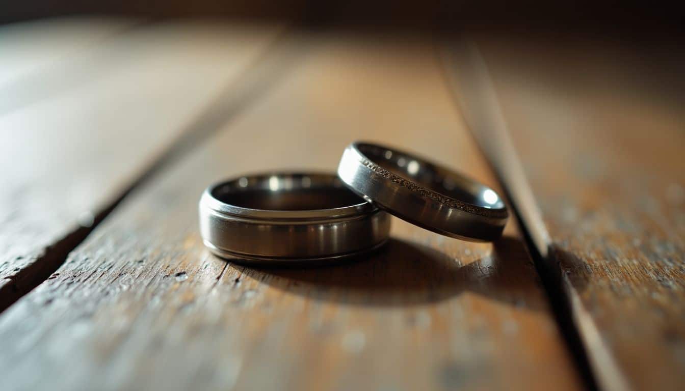 Close-up photo of classic metal wedding bands on a wooden table.