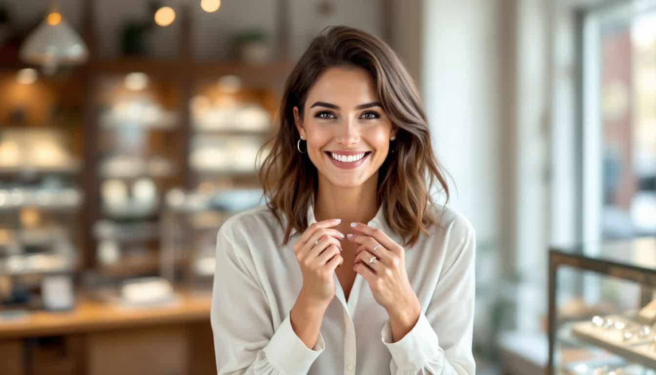 A bride tries on wedding bands and engagement ring settings in a jewelry store.