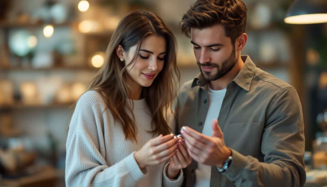 A couple in a jewelry store browsing wedding band options.