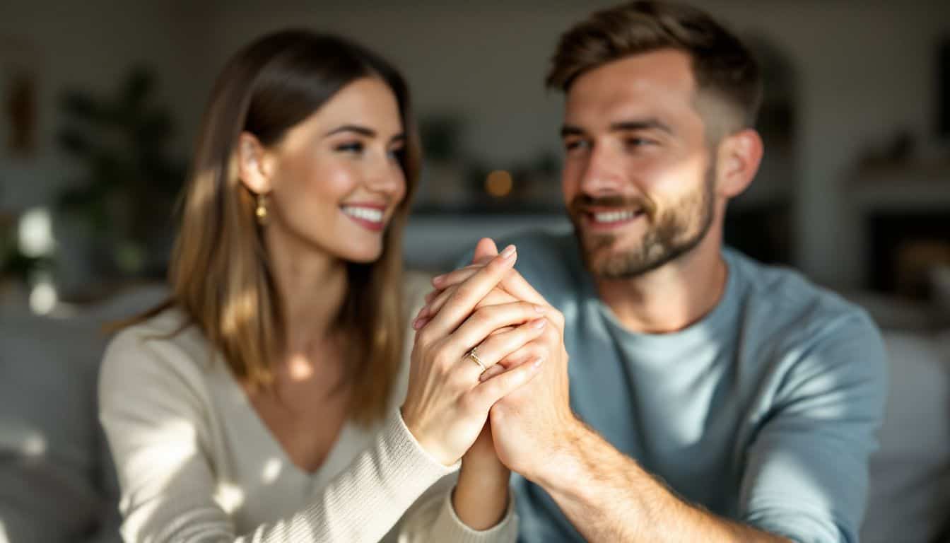 A couple in their mid-thirties sitting in a cozy living room, holding hands and showing off their wedding bands and engagement rings.