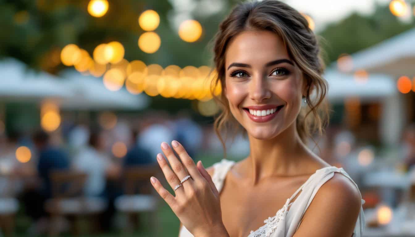 A woman happily shows off her diamond eternity band at a wedding.