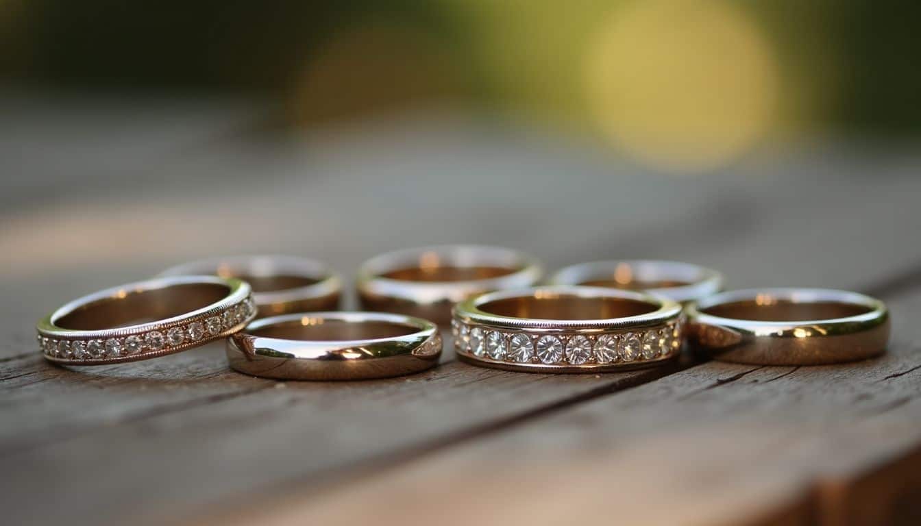 A collection of wedding bands displayed on a wooden table.