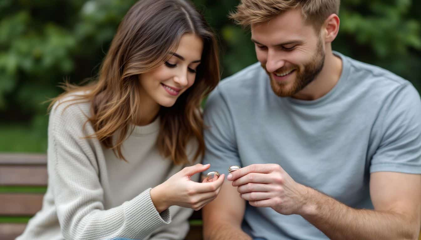 A couple in their late 20s is comparing engagement and wedding rings in a park.