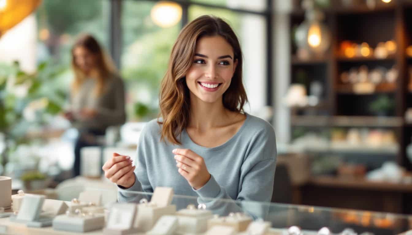 A young woman happily tries on wedding bands and engagement ring settings.