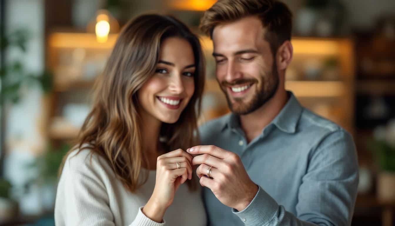 A couple exchanging modern wedding bands in a cozy jewelry store.