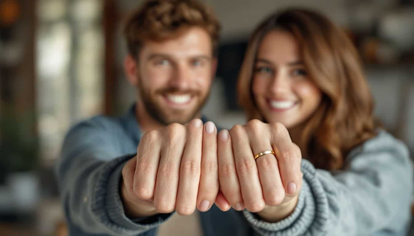 A young couple holding hands, showing off their wedding bands.