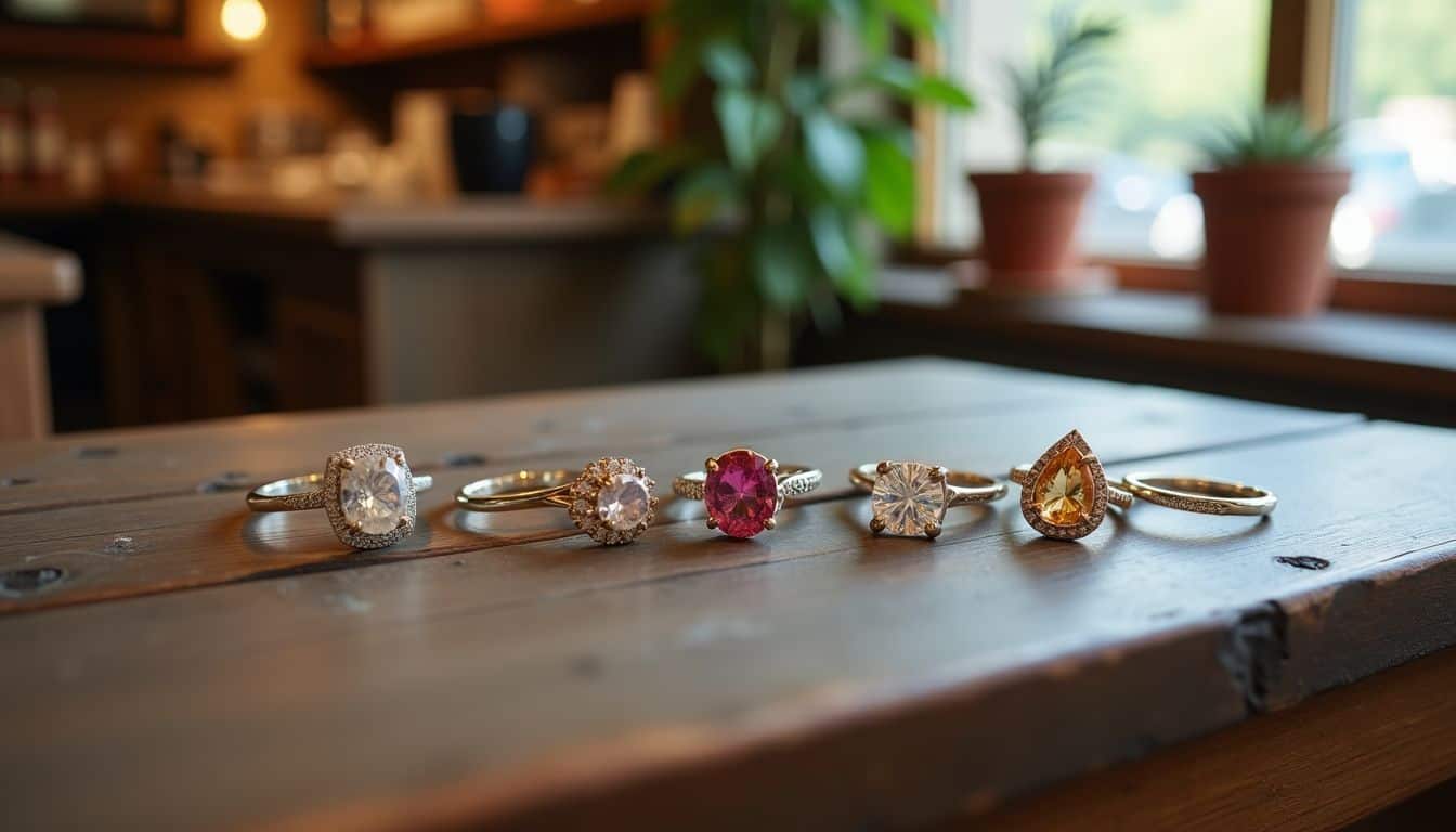 Various engagement rings with different stone shapes displayed in a boutique.