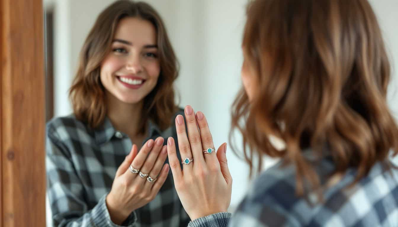 A young woman smiles while displaying multiple wedding bands on her left hand.