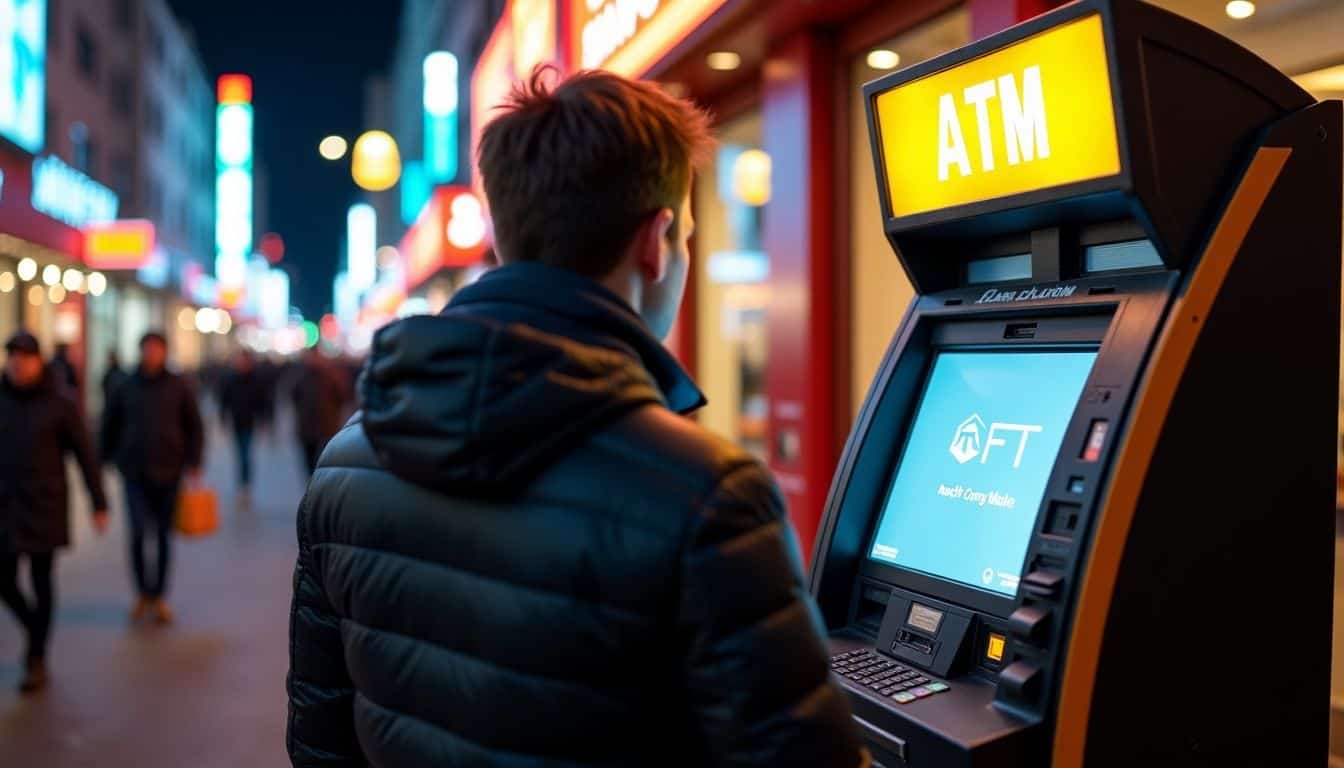 A cryptocurrency ATM in a bustling urban marketplace.