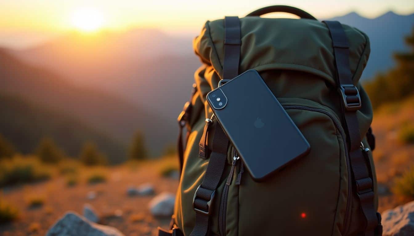 A weather-resistant hardware wallet rests on a hiking backpack outdoors.