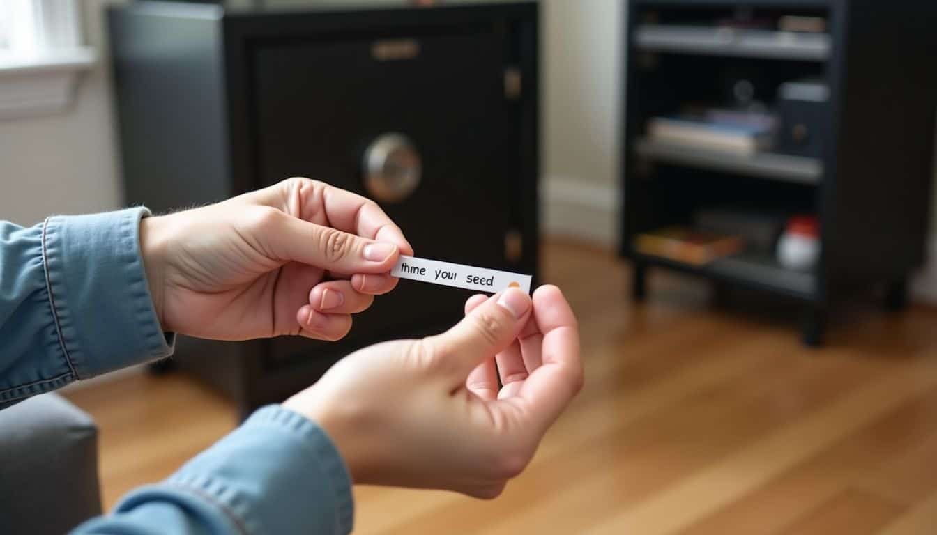 A person is dividing their seed phrase for safe storage.