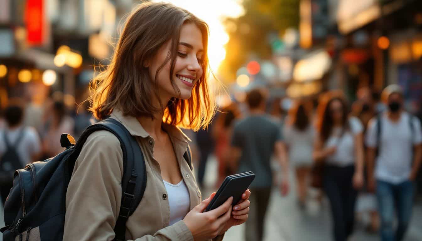 A young woman takes out a crypto wallet while traveling abroad.