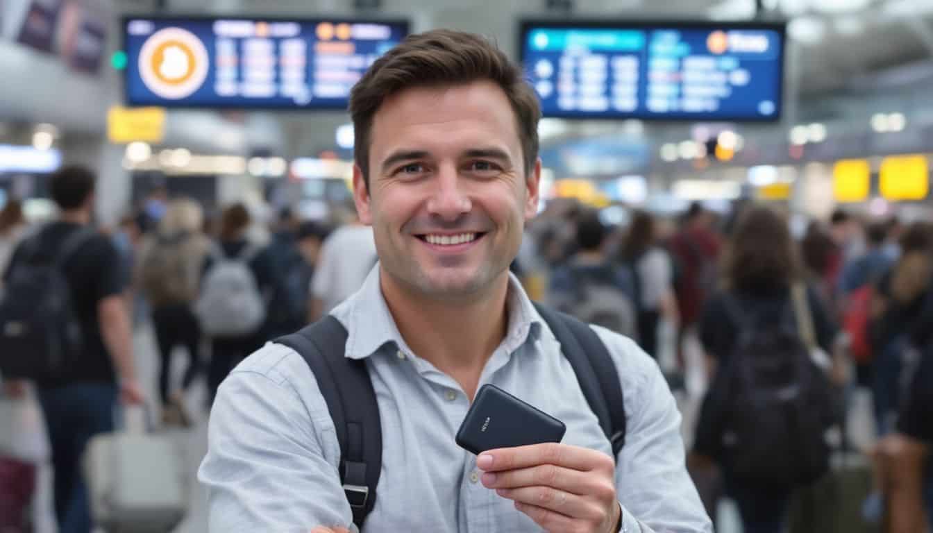 A person holds a Trezor hardware wallet in a busy airport.