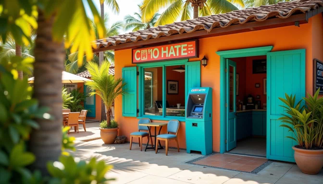 A tropical cafe with crypto payment and CoinATM machine.