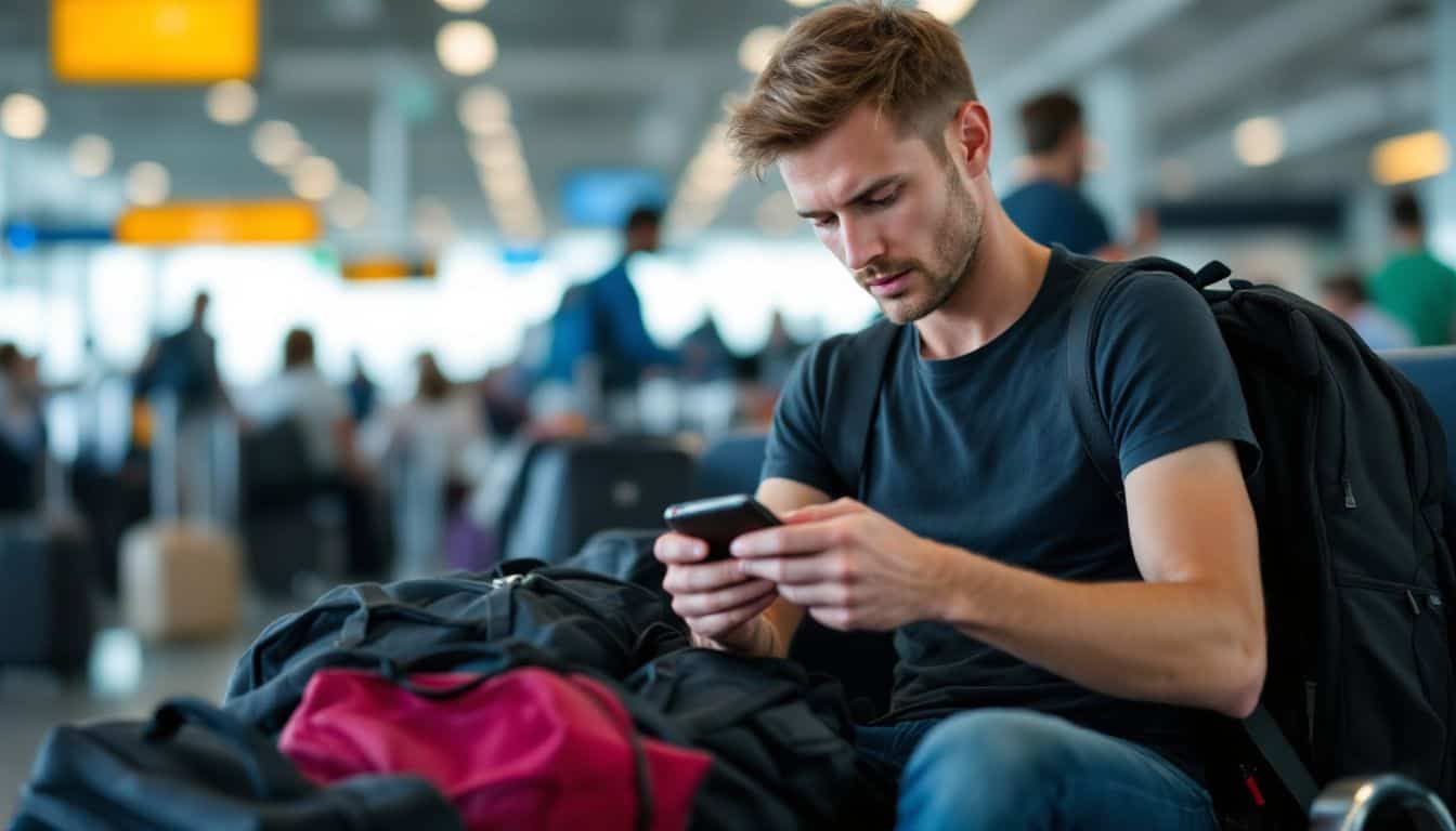 A traveler secures a hardware wallet in a busy airport terminal.