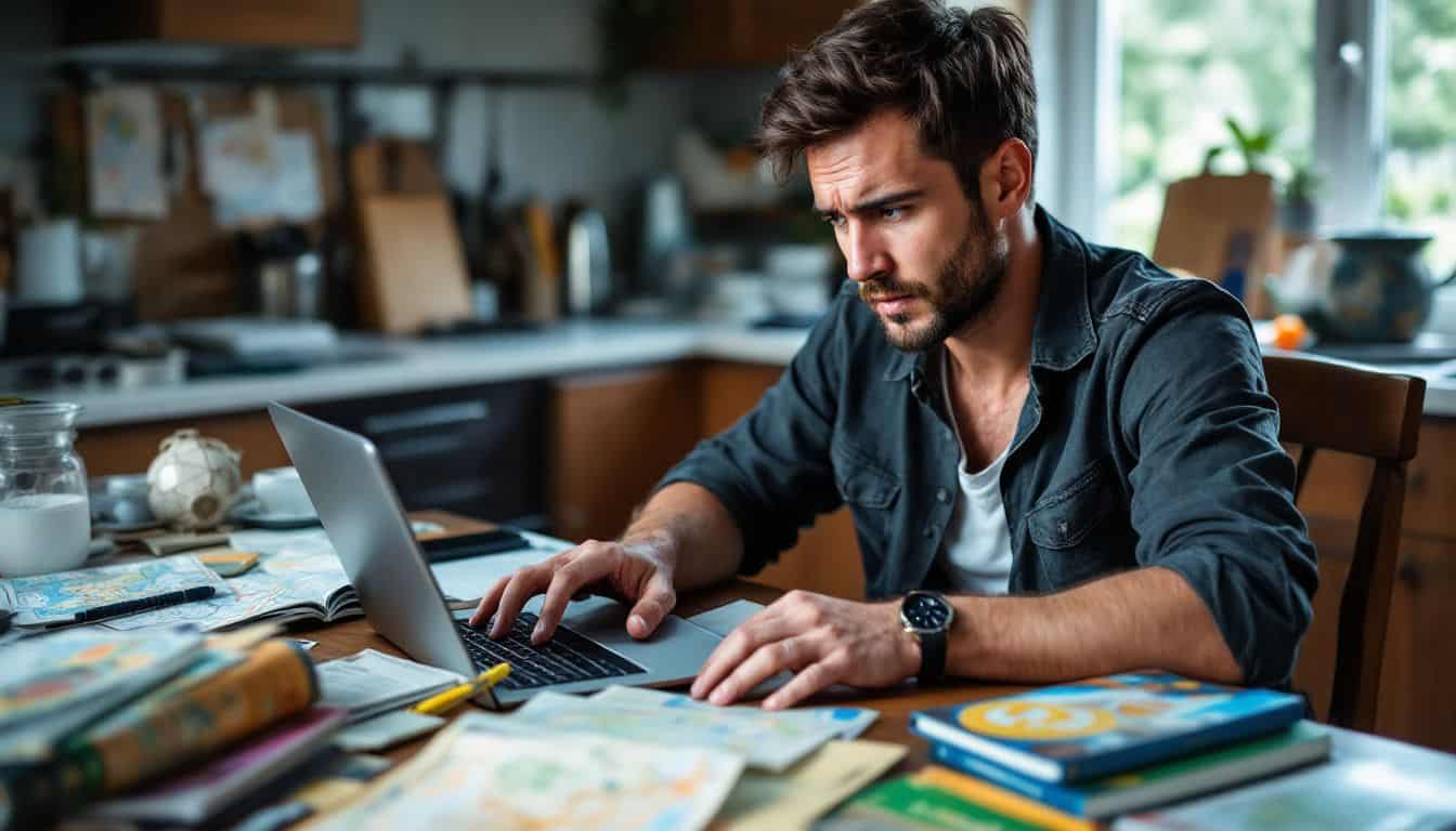 A traveler with a concerned expression accessing cryptocurrency wallet while traveling.