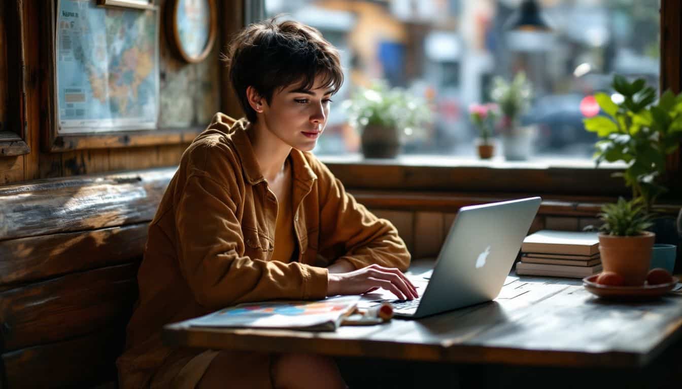 A traveler researches cryptocurrency regulations in a cozy café surrounded by travel materials.