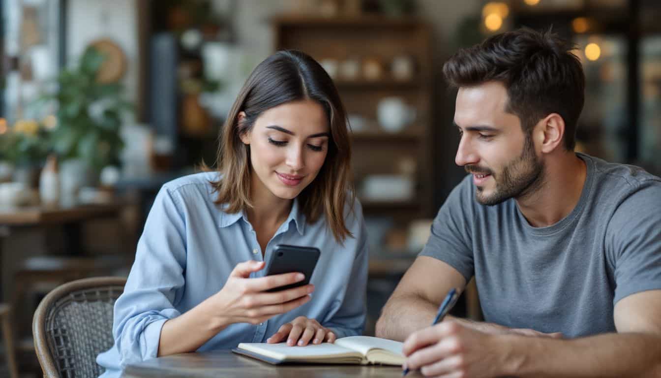 A couple in a cafe discussing multisignature crypto wallet setup.