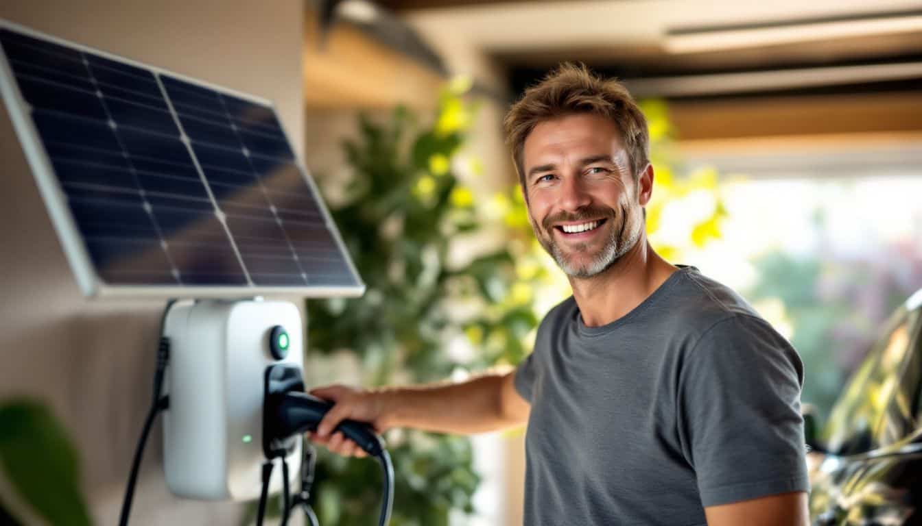 A man in his 40s smiling as he connects his electric vehicle to a solar-powered charging station.