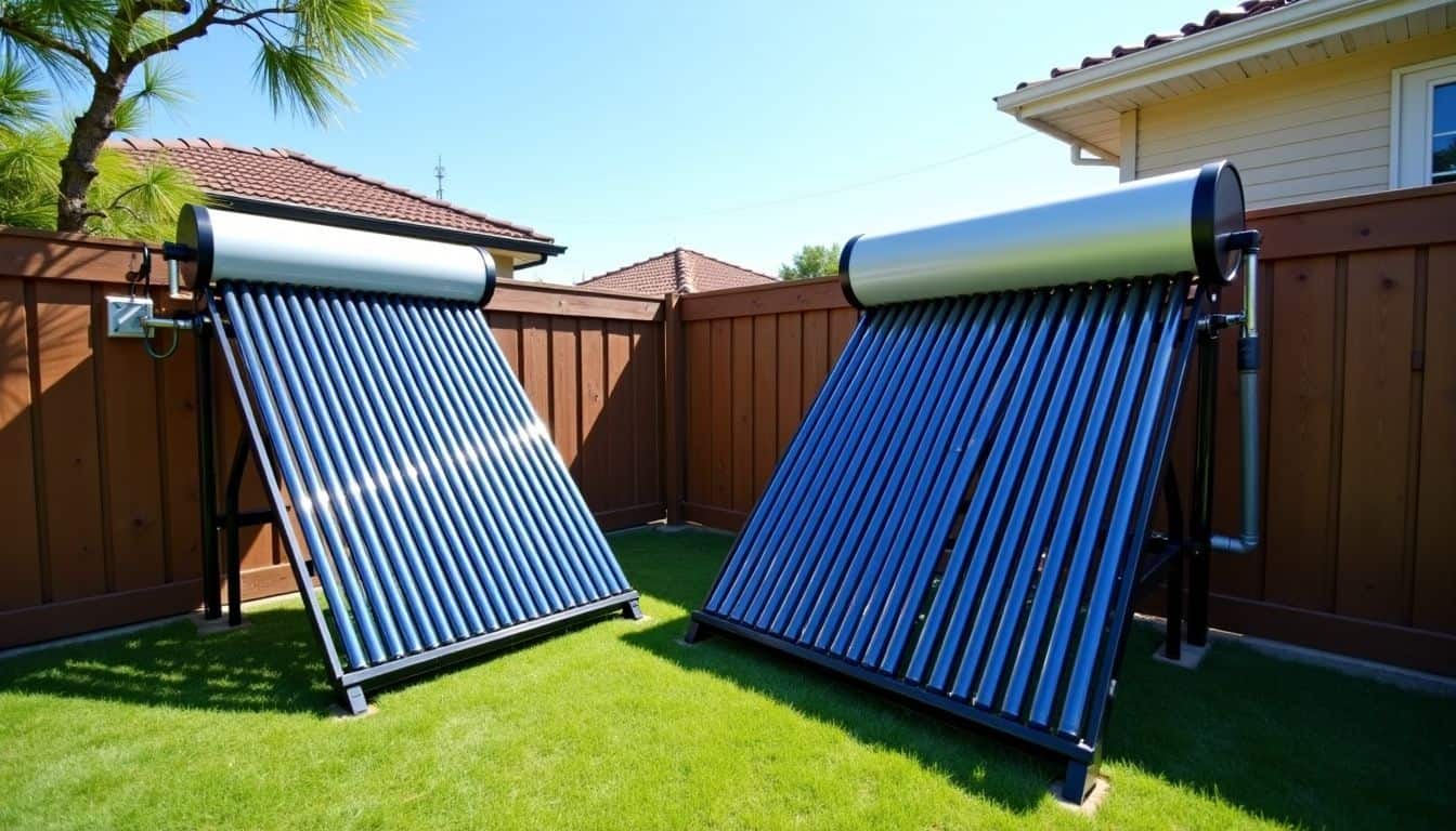 Two solar water heaters in residential backyard, one mechanical, one passive.