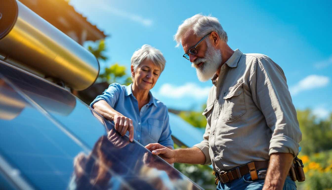 Elderly couple maintaining off-grid homestead with solar power.