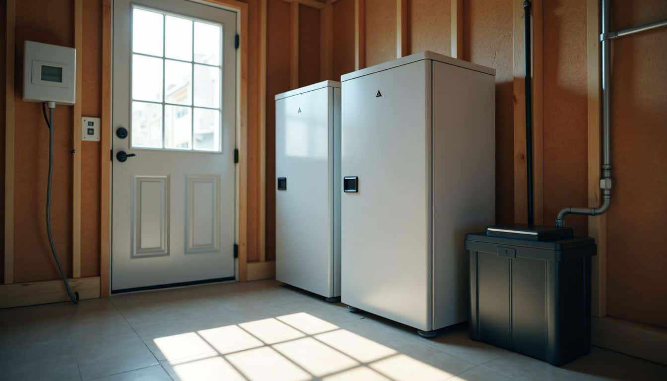 A neatly arranged solar battery storage system in a utility room.