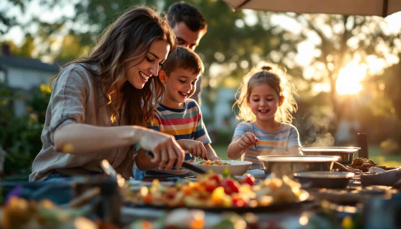 A family of four is cooking using solar cookers in their backyard.