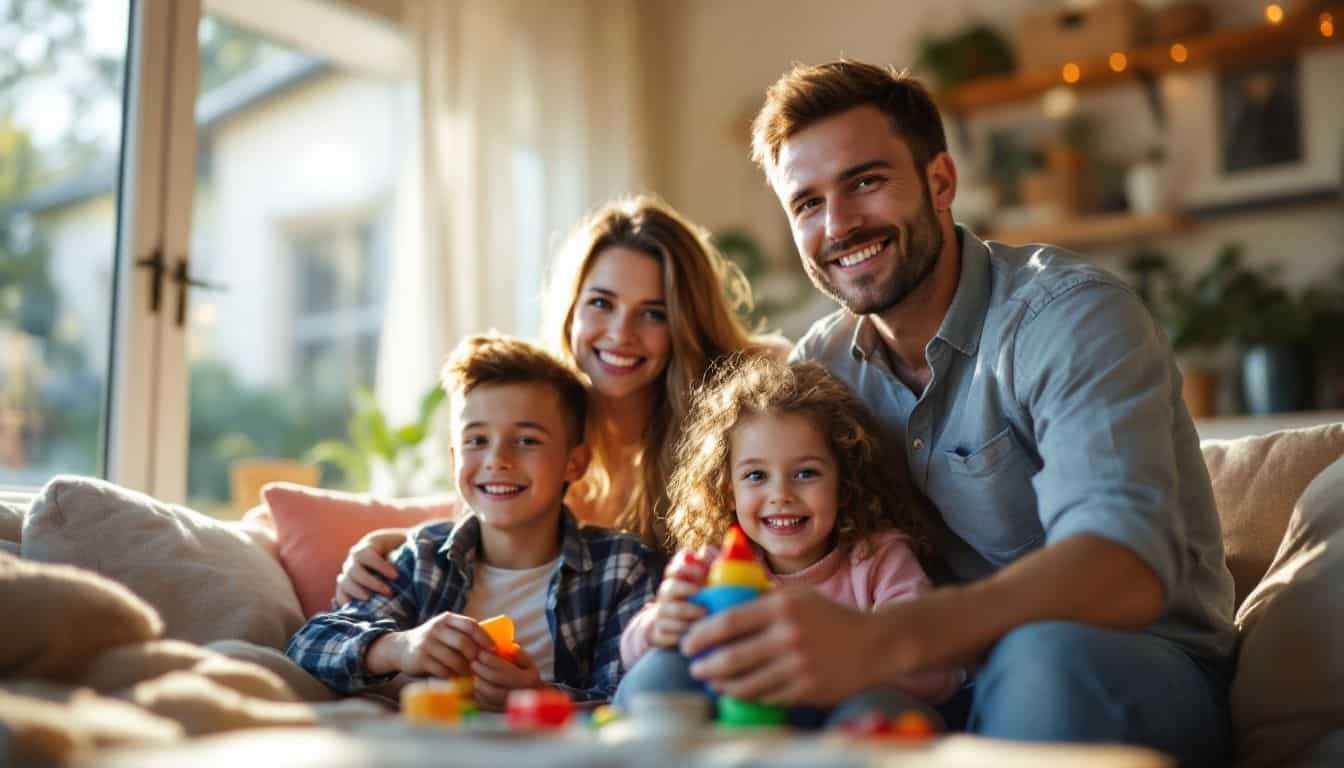 A family of four enjoying a cozy evening at home.