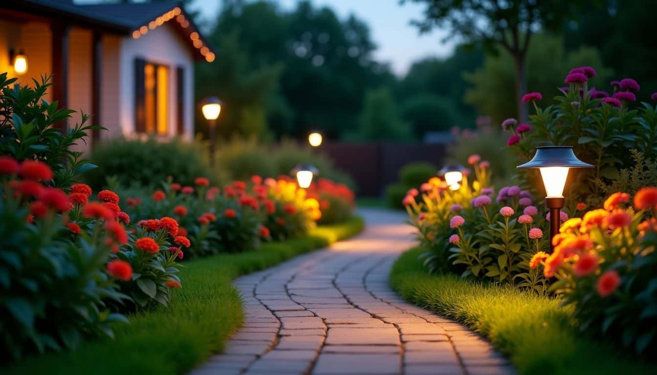 A lush garden at dusk with solar lights and vibrant flowers.