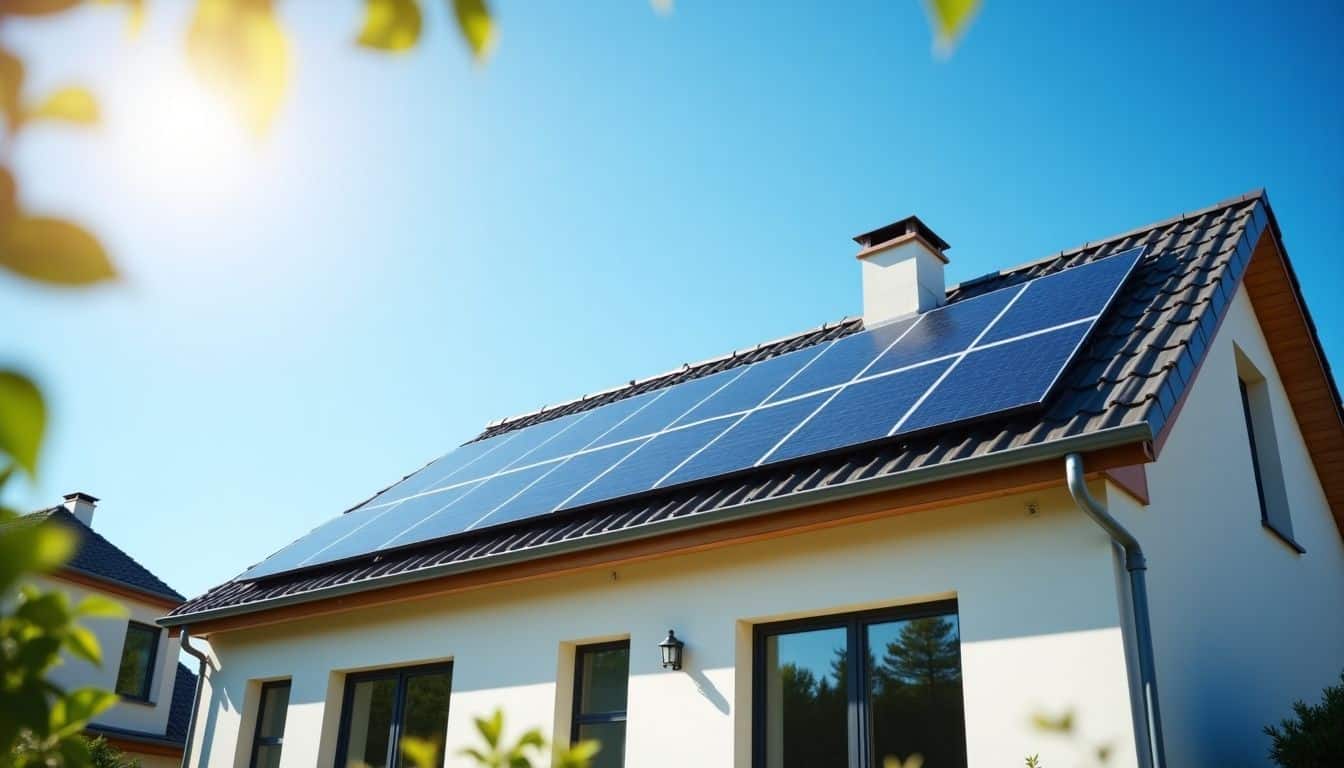 Solar panels on a suburban house generating electricity on a sunny day.